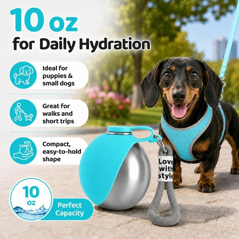Dog Water Bottle 285ml Stainless Steel Portable Dog Drinker Leak Proof Feeder Dog Bottle 2 in 1 Silicon Bowl Travel Pet Supplies